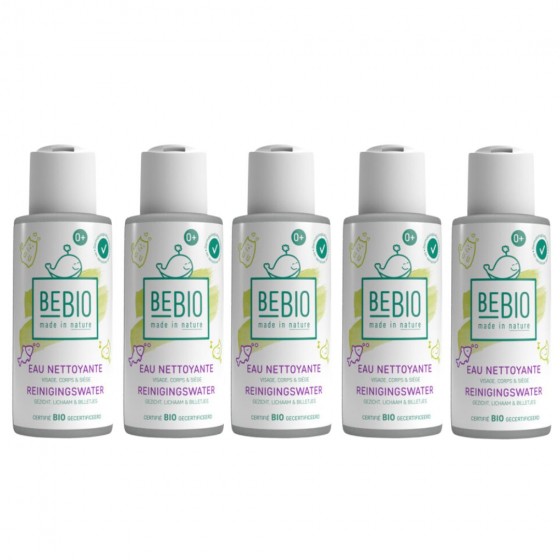 Eau nettoyante bébé - Visage, corps et & siège - Format voyage 5X100ml Eau nettoyante bébé - Visage, corps et & siège - Format voyage 5X100ml