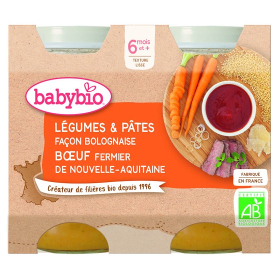 Pot Légumes et Pâtes façon Bolognaise au Bœuf 2x200g - BABYBIO Pot Légumes et Pâtes façon Bolognaise au Bœuf 2x200g - BABYBIO